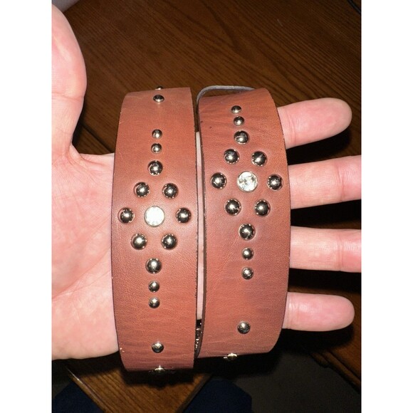 Nocona Belt Womens Brown Leather Silver Rhinestones Studs Western Sz L 44in